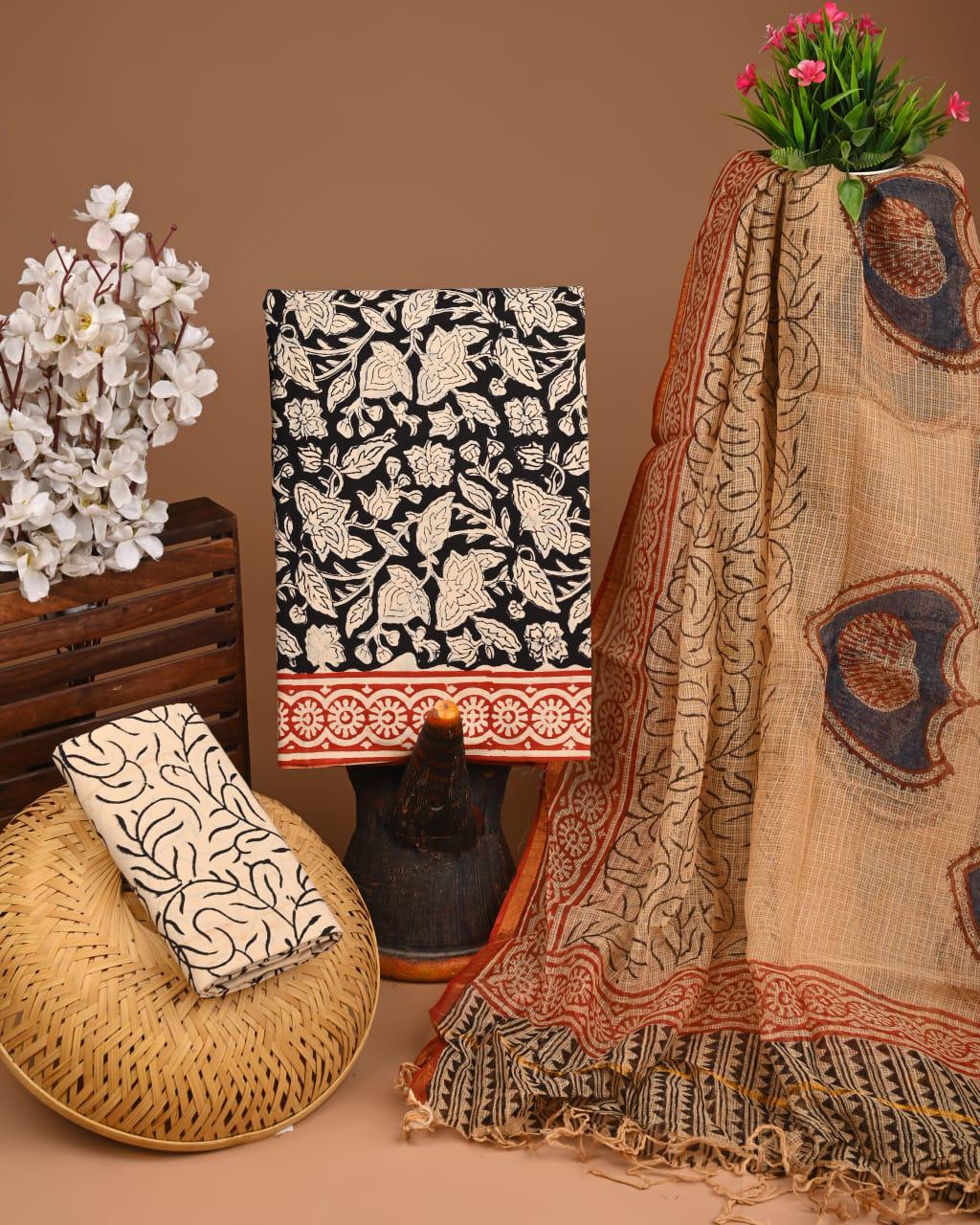 DESIGNER HAND BLOCK PRINT COTTON SUIT SET WITH KOTA DORIA DUPATTA