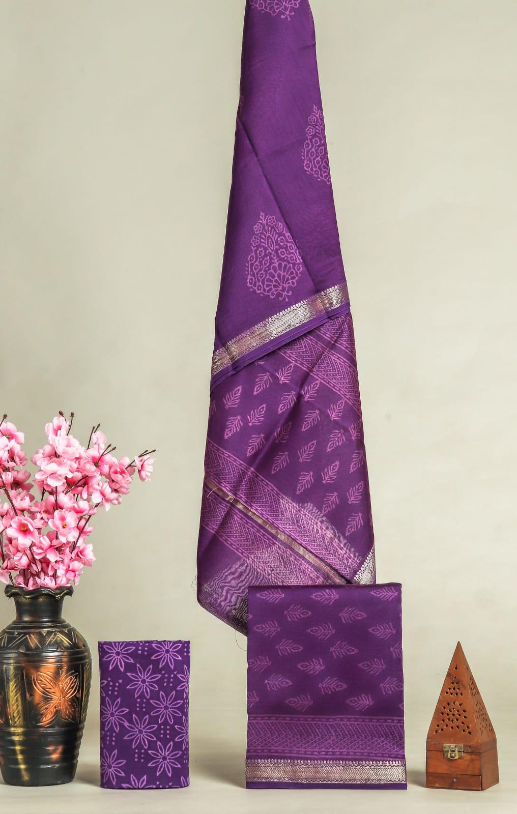 New Exclusive Hand Block Print Maheshwari Silk Suit Set