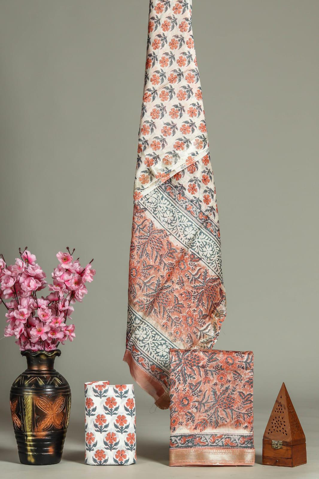 New Exclusive Hand Block Print Maheshwari Silk Suit Set