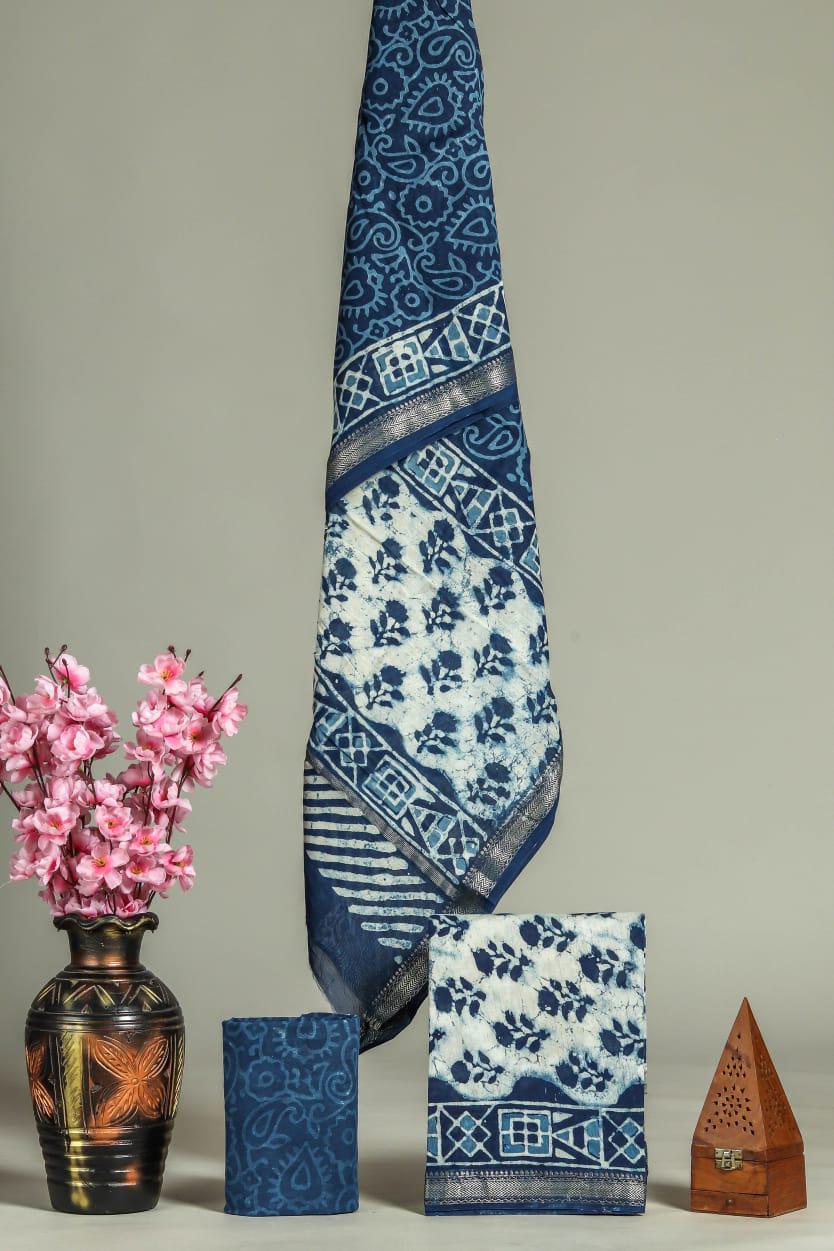 ELEGANT HAND BLOCK PRINT MAHESHWARI SILK SUIT SET