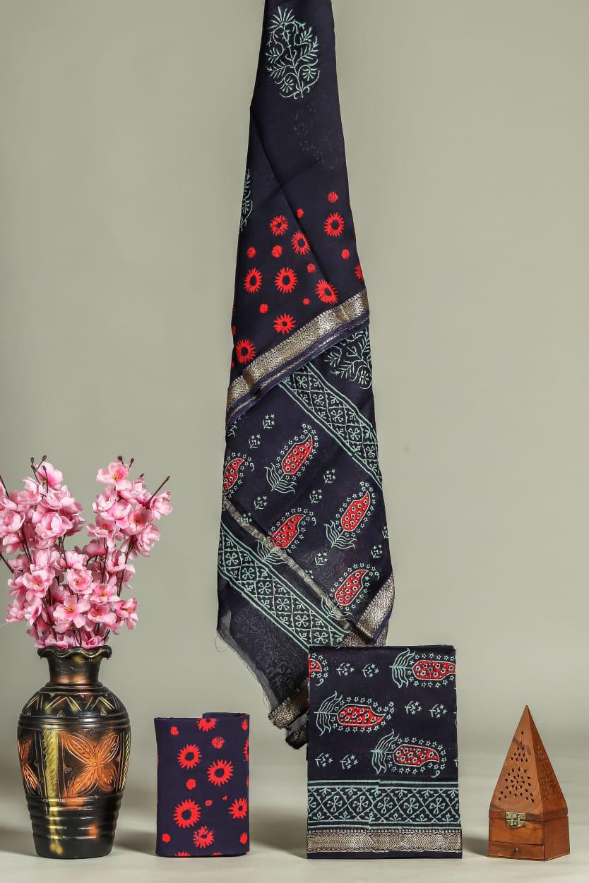 ELEGANT HAND BLOCK PRINT MAHESHWARI SILK SUIT SET