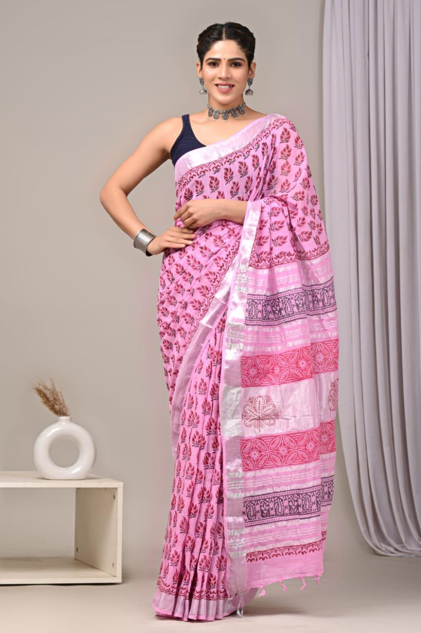 Hand Block Printed Linen Saree With Unstitched Blouse (SWSRLIL01)