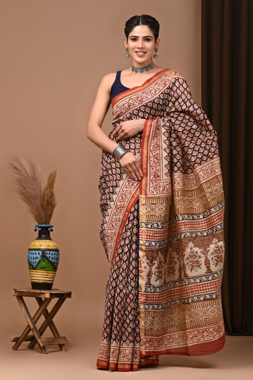 Premium Hand Block Printed Chanderi Silk Saree
