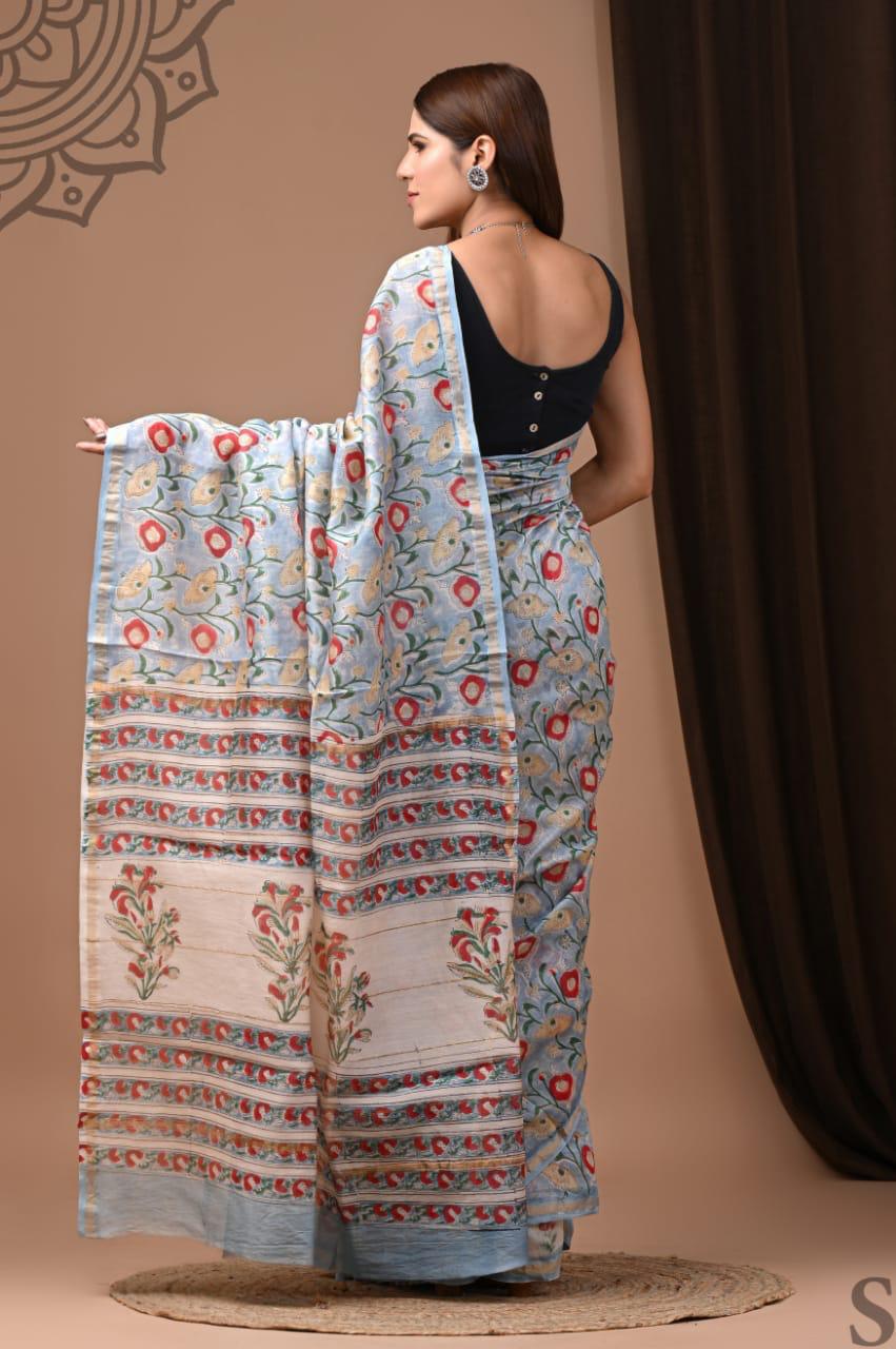 Premium Hand Block Printed Chanderi Silk Saree