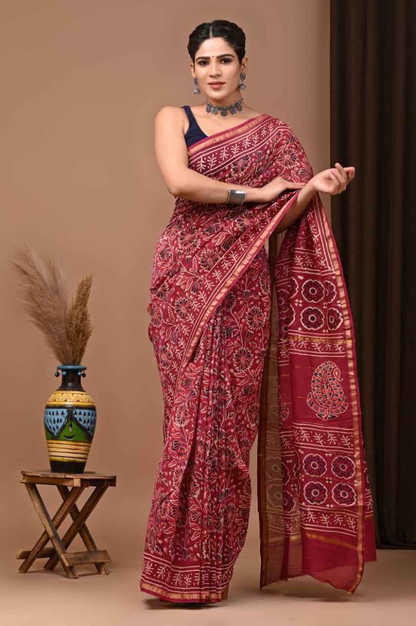 Premium Hand Block Printed Chanderi Silk Saree