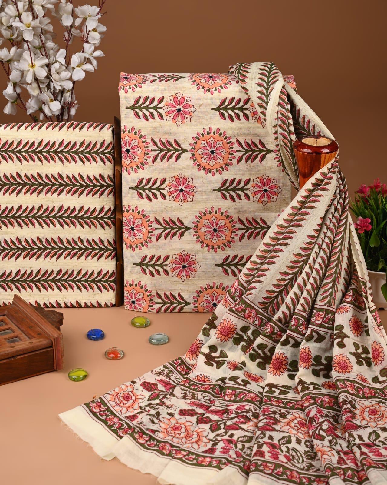 EXCLUSIVE HAND BLOCK PRINT COTTON SUIT SET WITH MULMUL DUPATTA