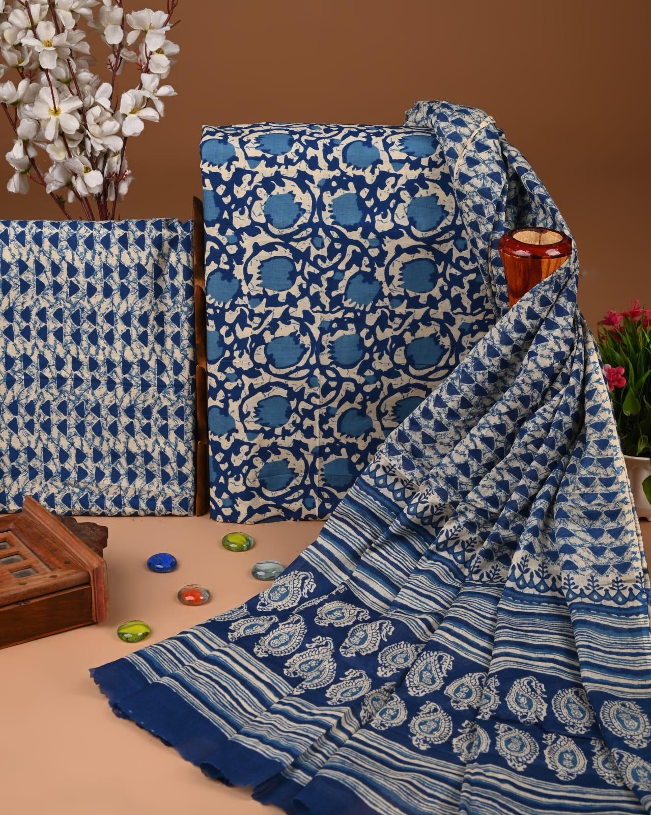 EXCLUSIVE HAND BLOCK PRINT COTTON SUIT SET WITH MULMUL DUPATTA