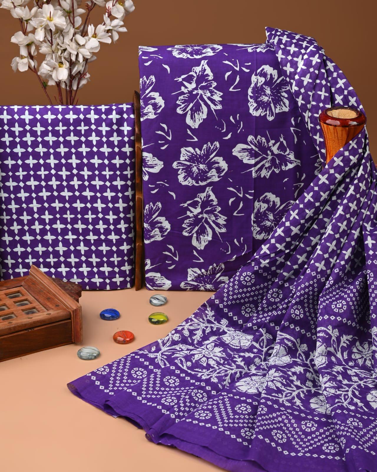 EXCLUSIVE HAND BLOCK PRINT COTTON SUIT SET WITH MULMUL DUPATTA