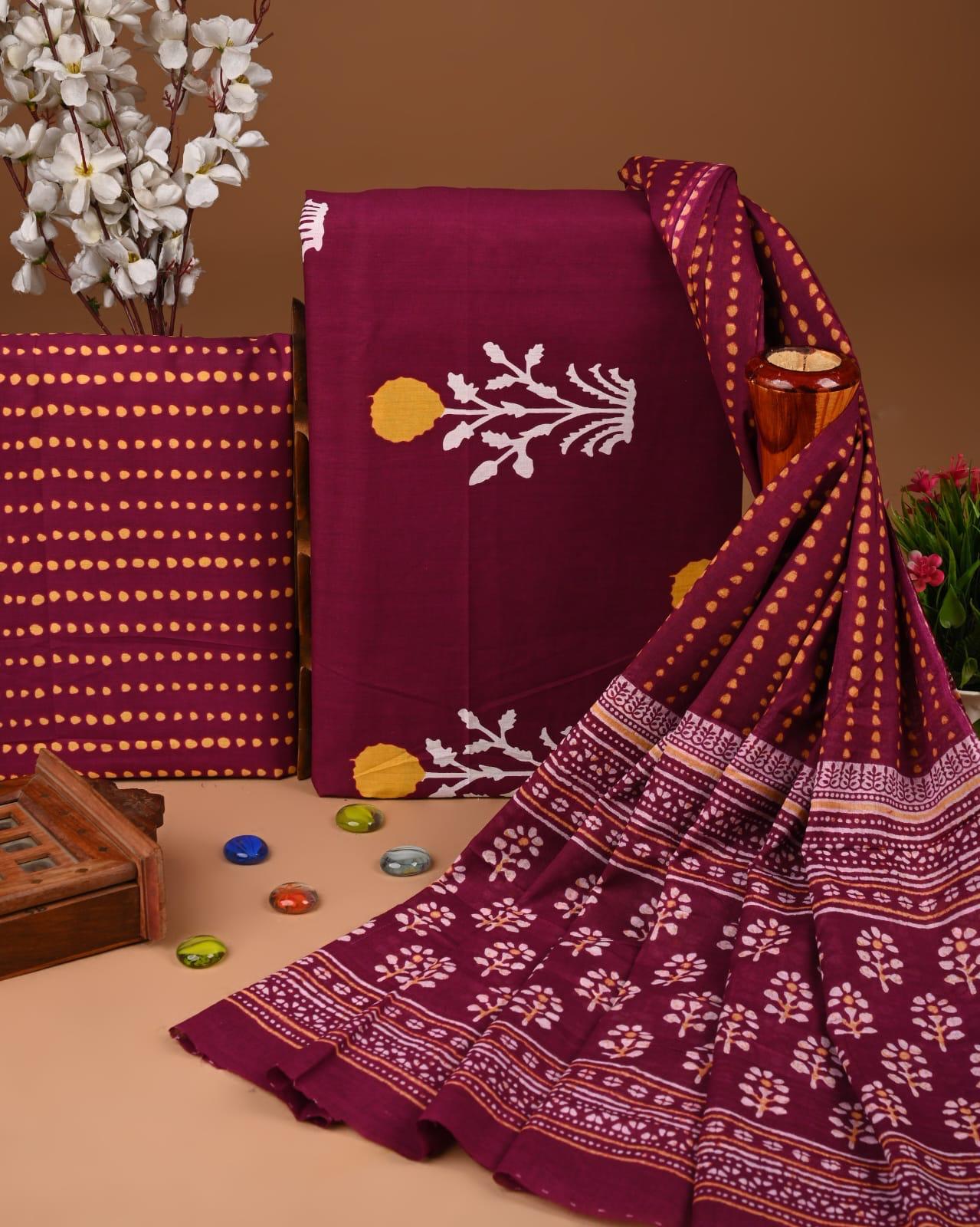 EXCLUSIVE HAND BLOCK PRINT COTTON SUIT SET WITH MULMUL DUPATTA