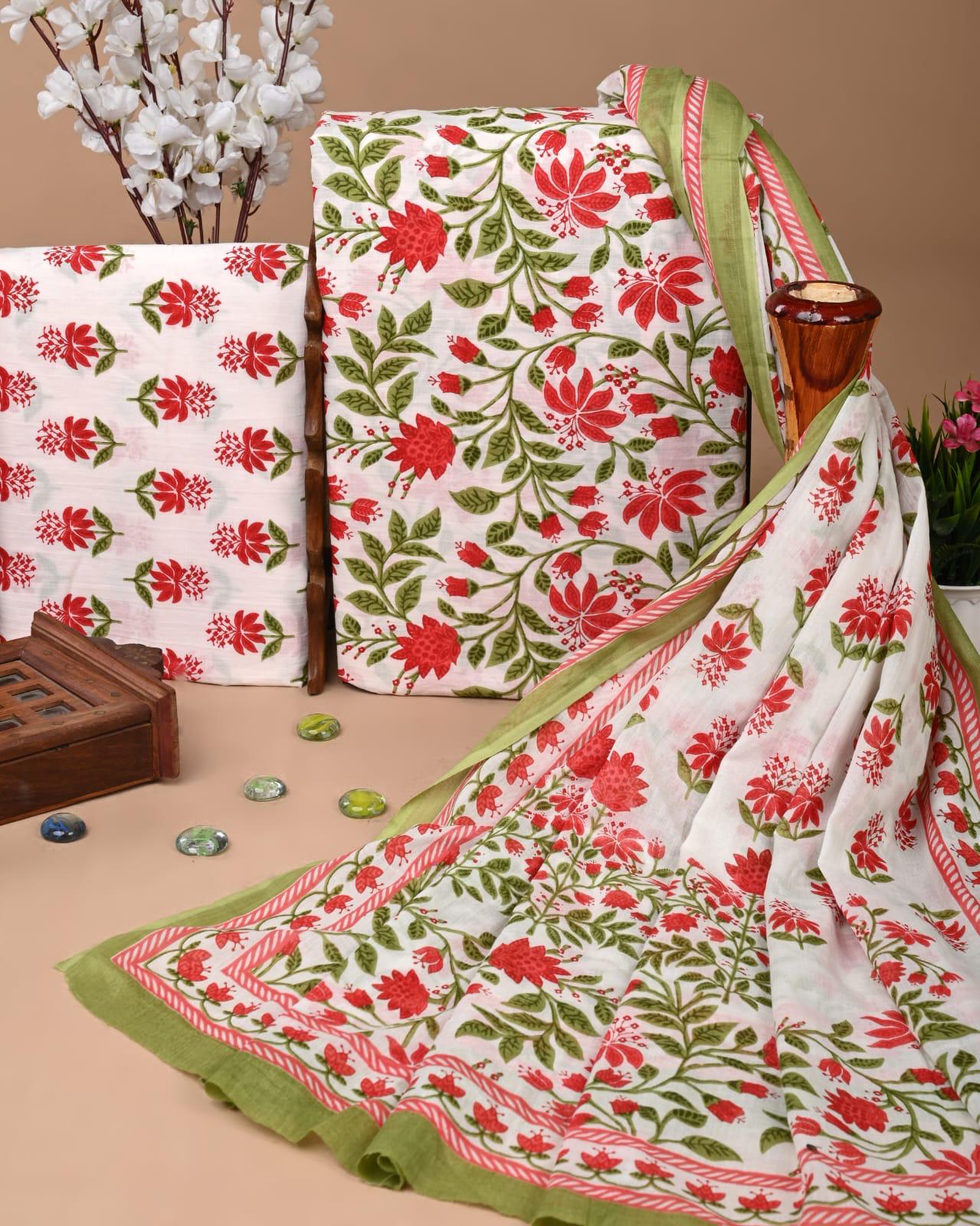 EXCLUSIVE HAND BLOCK PRINT COTTON SUIT SET WITH MULMUL DUPATTA