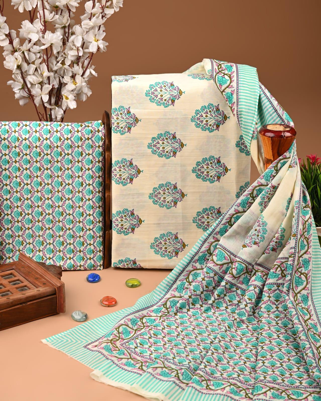 EXCLUSIVE HAND BLOCK PRINT COTTON SUIT SET WITH MULMUL DUPATTA(SWCOTMU36)