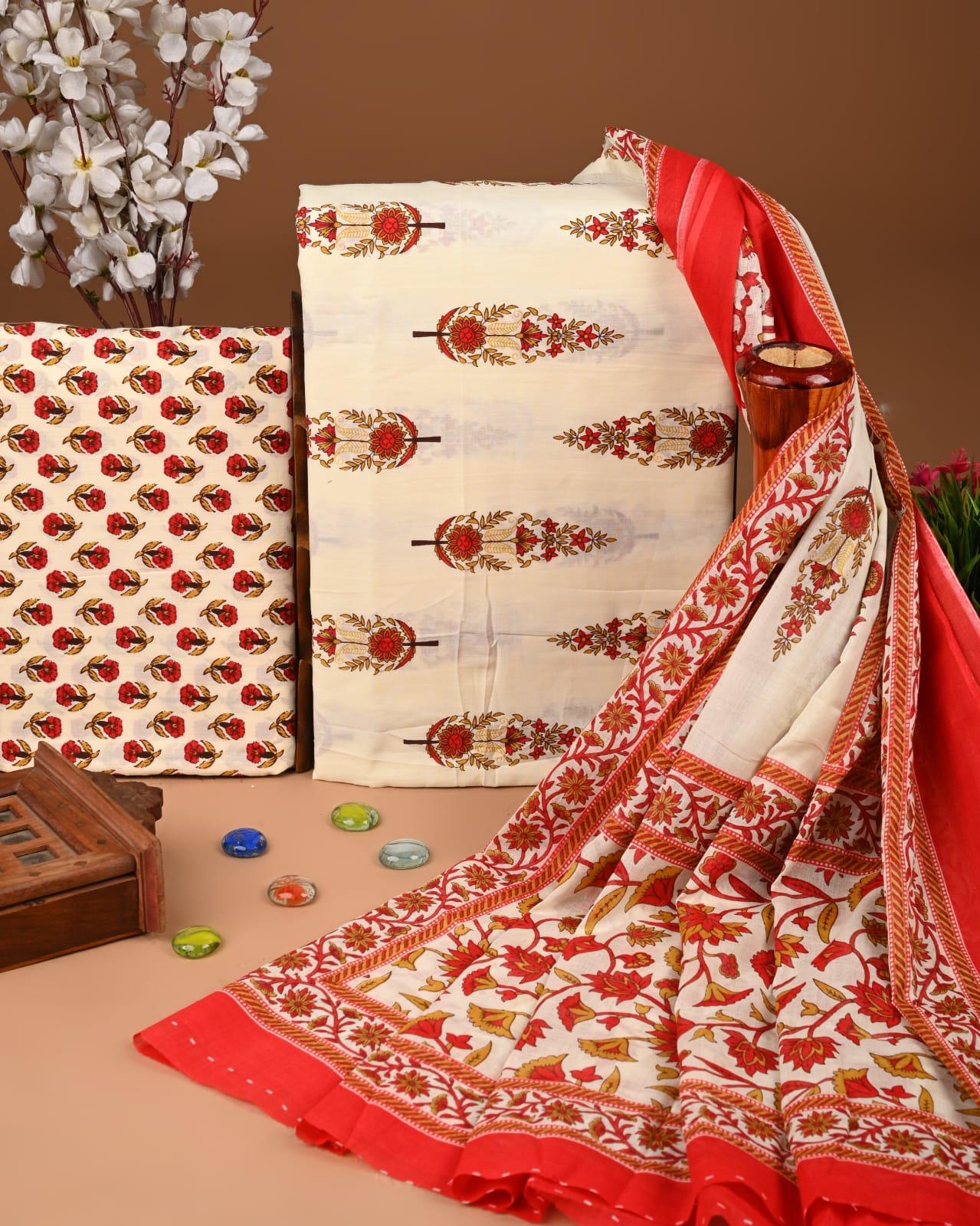 EXCLUSIVE HAND BLOCK PRINT COTTON SUIT SET WITH MULMUL DUPATTA(SWCOTMU32)