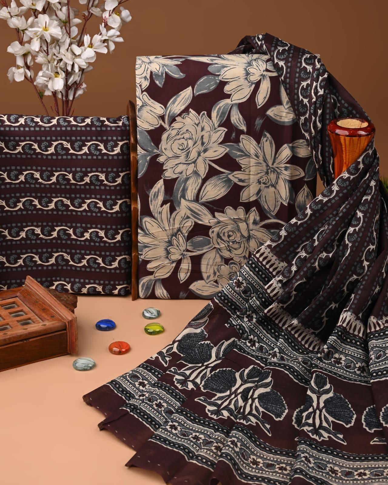 TRADITIONAL HAND BLOCK PRINT COTTON SUIT SET WITH MULMUL DUPATTA(SWCOTMU21)