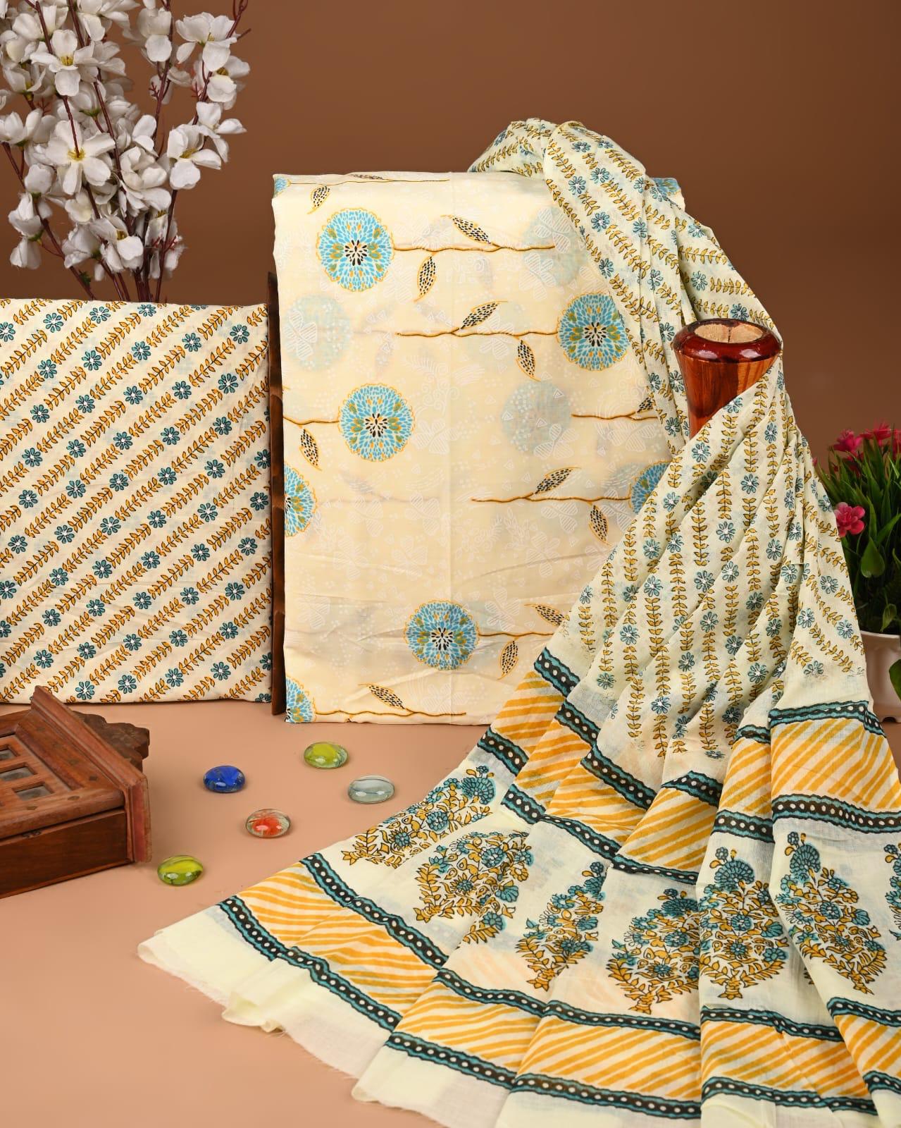 EXCLUSIVE HAND BLOCK PRINT COTTON SUIT SET WITH MULMUL DUPATTA(SWCOTMU08)