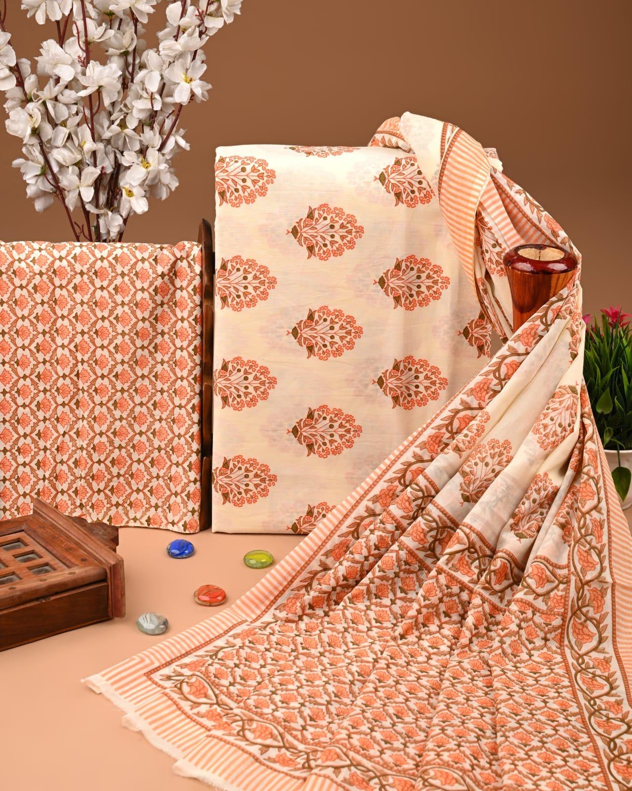 EXCLUSIVE HAND BLOCK PRINT COTTON SUIT SET WITH MULMUL DUPATTA(SWCOTMU07)