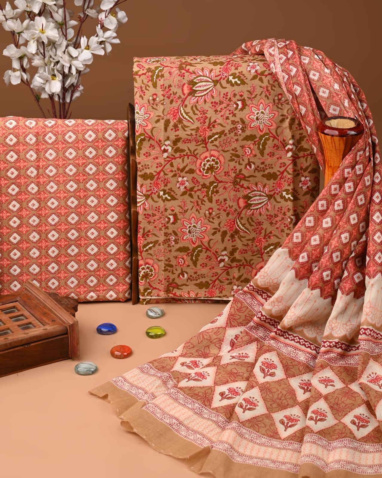 HAND BLOCK PRINT COTTON SUIT SET WITH MULMUL DUPATTA(SWCOTMU02)