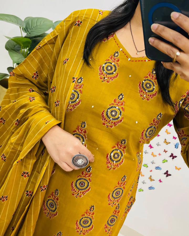 🌹🌹Pure fine Cotton fabric Embroidery Work Kurti with Pant with cotton 100-100 Dupatta🌹🌹