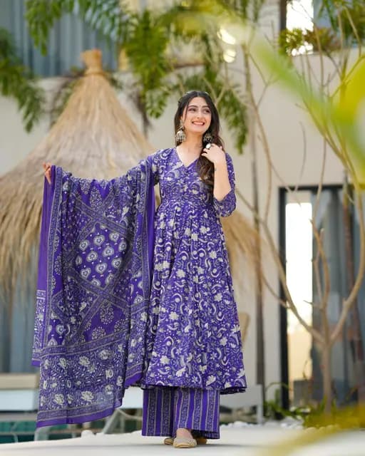 Introducing a stunning purple cotton Anarkali suit set paired with a soft mulmul duppata.