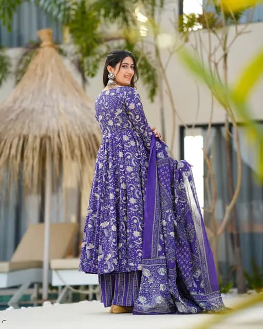 Introducing a stunning purple cotton Anarkali suit set paired with a soft mulmul duppata.
