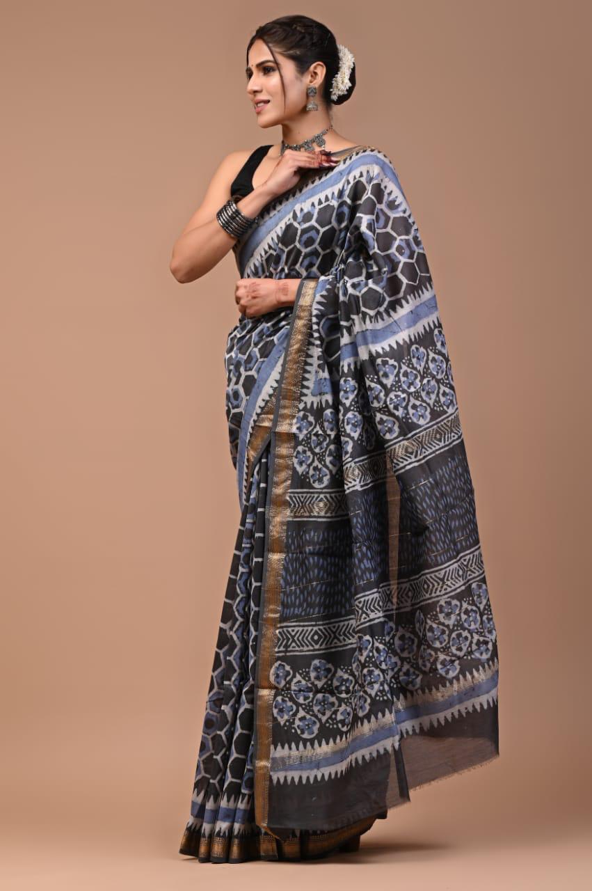 Exclusive Hand Block Printed Maheshwari Silk Saree (SWSRMAH56)