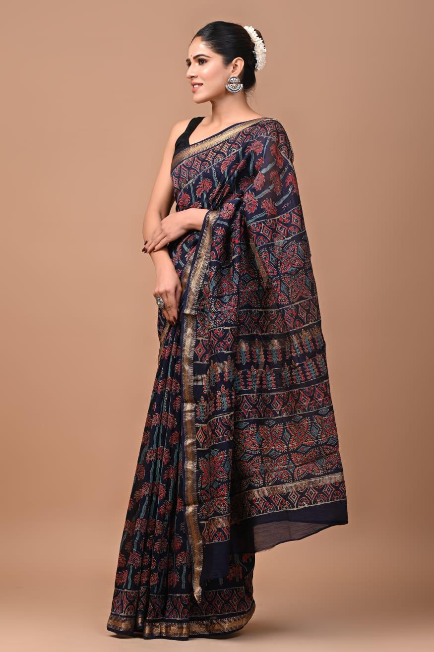 Exclusive Hand Block Printed Maheshwari Silk Saree (SWSRMAH64)