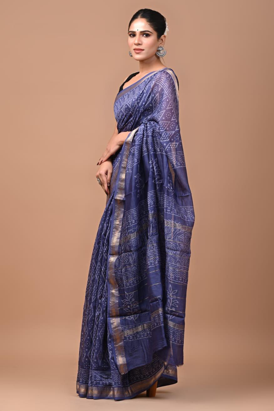 Exclusive Hand Block Printed Maheshwari Silk Saree (SWSRMAH65)