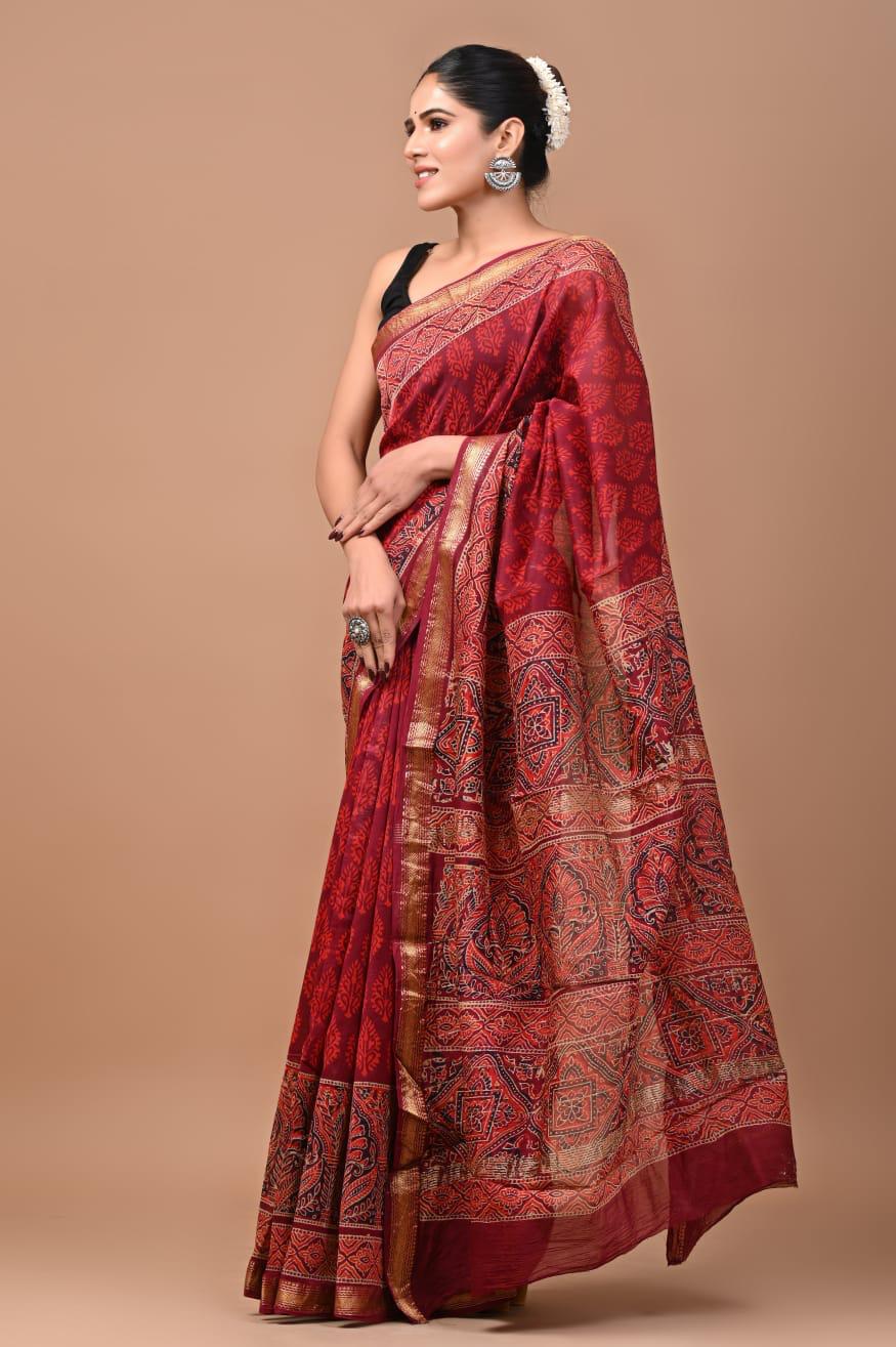 Exclusive Hand Block Printed Maheshwari Silk Saree (SWSRMAH01)