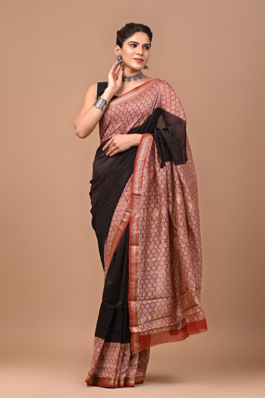 Exclusive Hand Block Printed Maheshwari Silk Saree (SWSRMAH01)