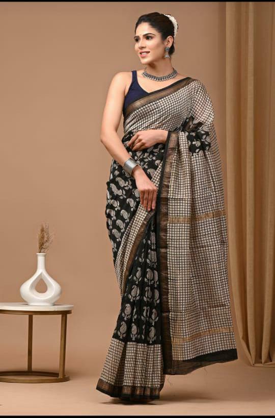 Exclusive Hand Block Printed Maheshwari Silk Saree (SWSRMAH01)
