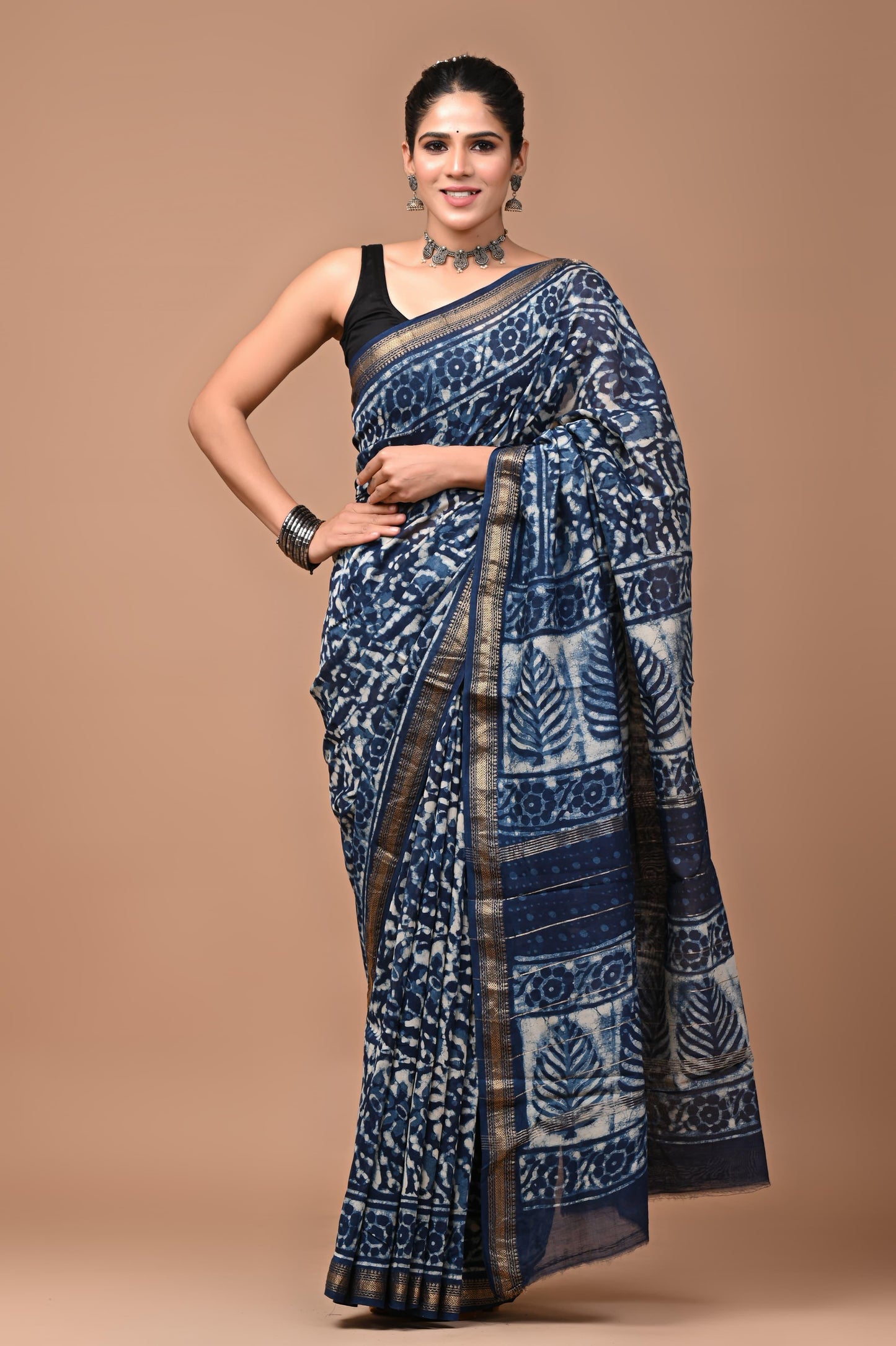 Exclusive Hand Block Printed Maheshwari Silk Saree (SWSRMAH01)