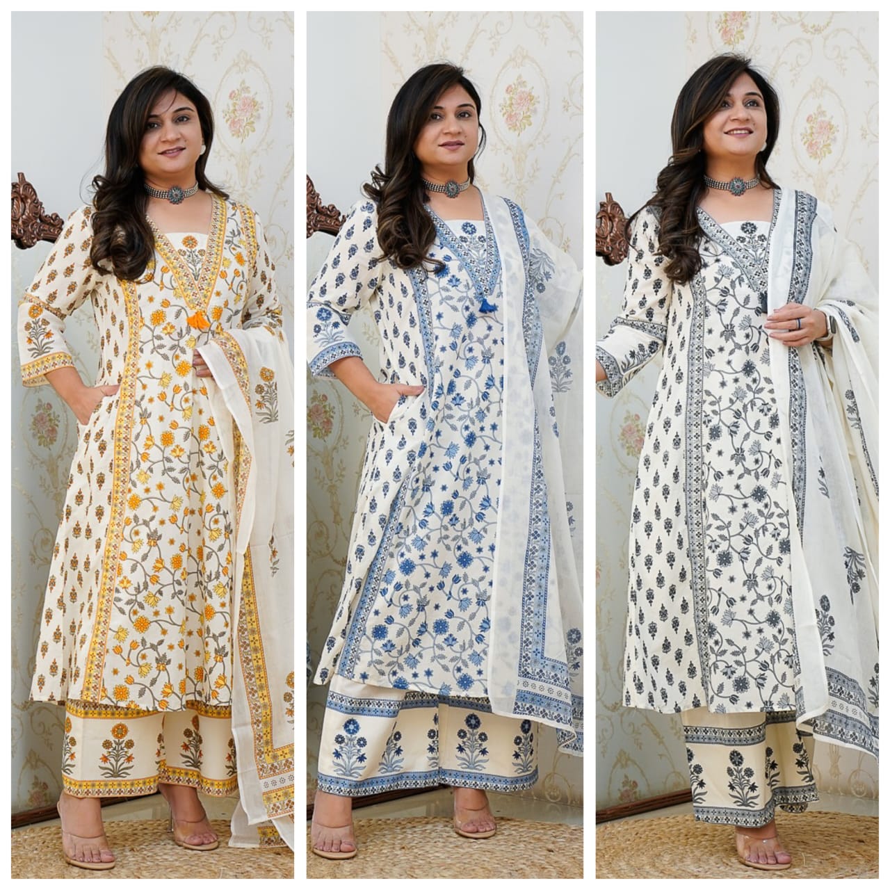 New Floral Motif Printed Cotton kurta Set the kurta and Pleated Salwar and Soft Cotton Dupatta💃💃(SWRED70)
