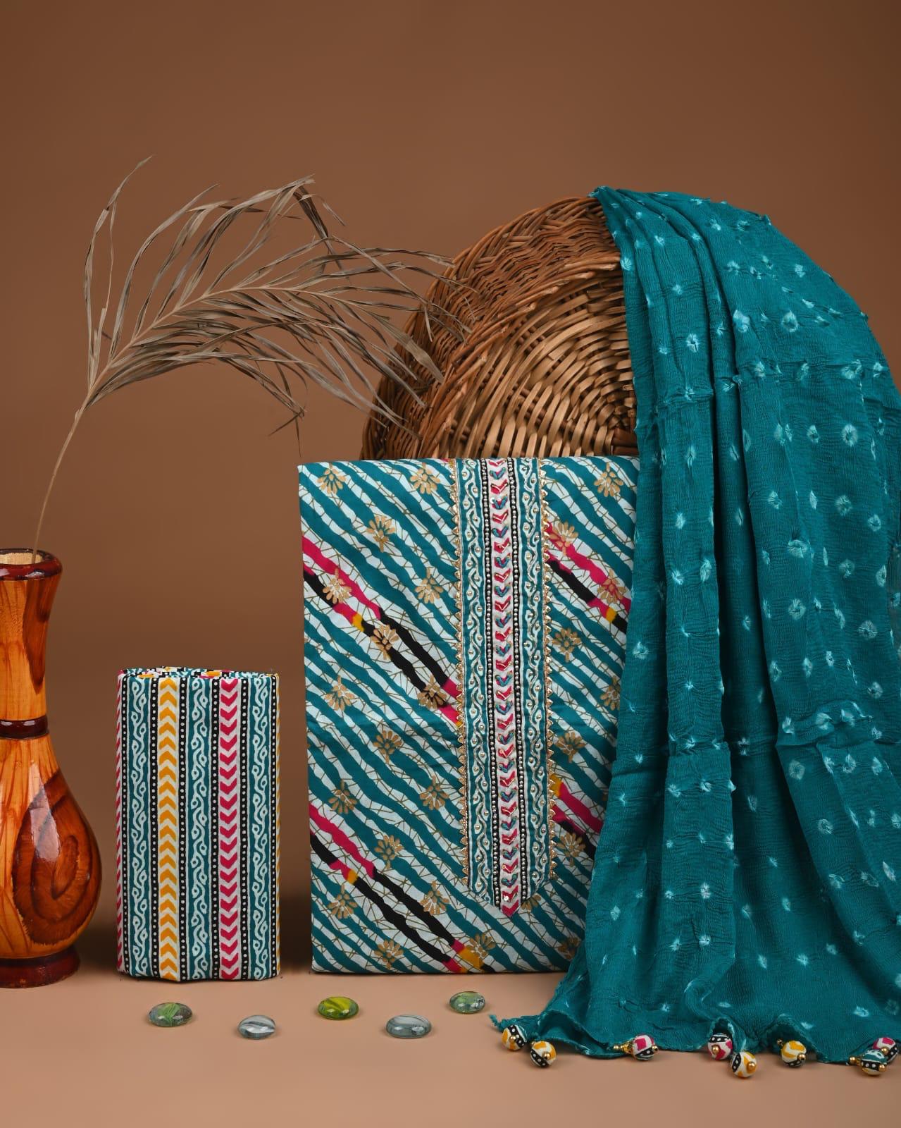 Designer zari gotapatti work Cotton Suit with chiffon dupatta(SWGP26)
