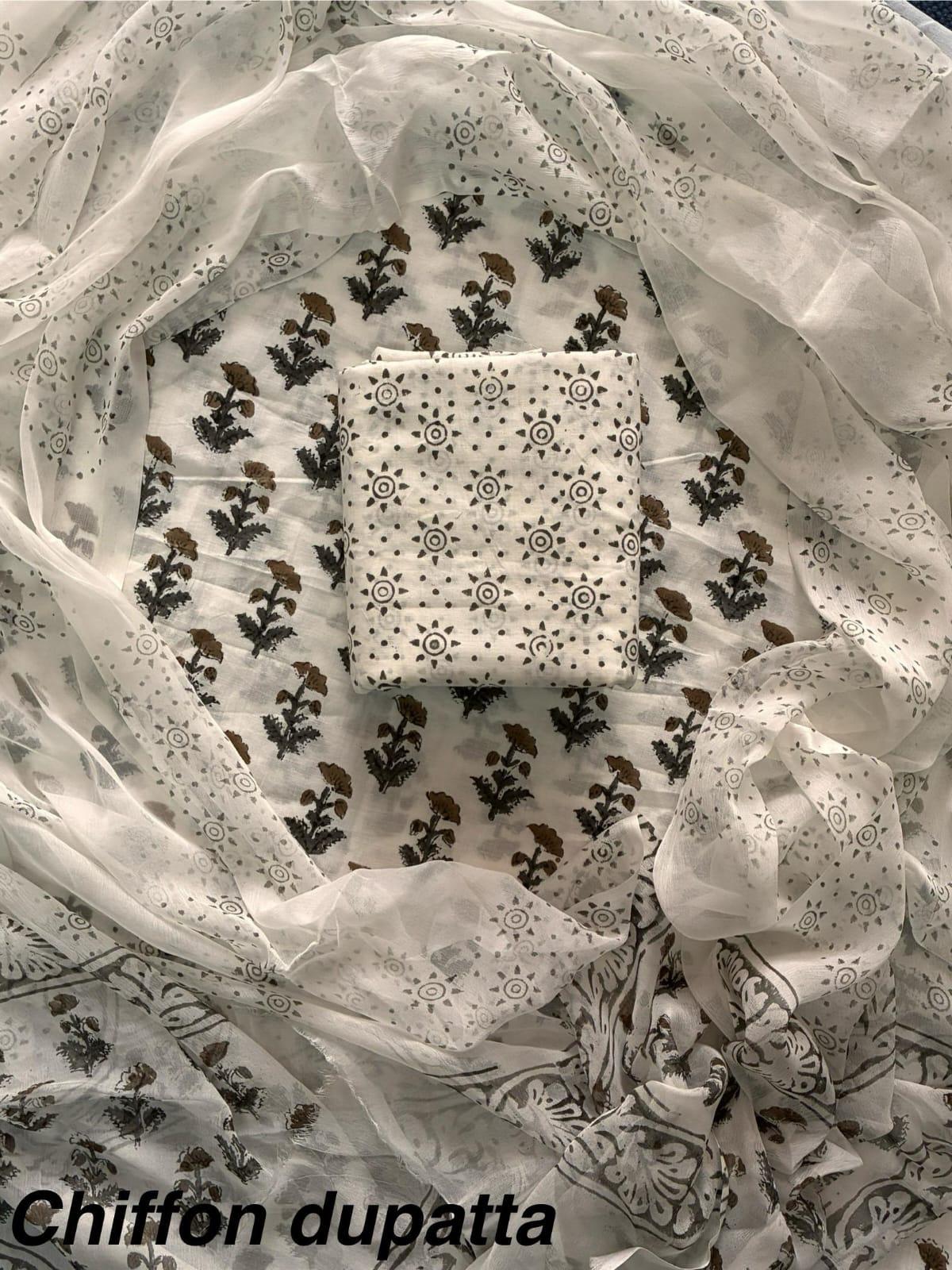 JAAL HAND BLOCK PRINT COTTON SUIT SET WITH CHIFFON DUPATTA(WACFCOTMU152)