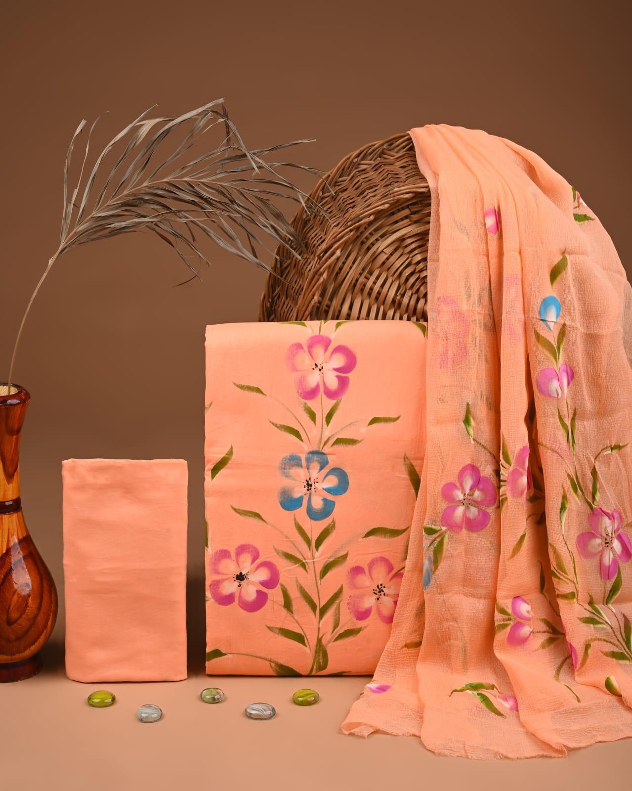 JAAL HAND BLOCK PRINT COTTON SUIT SET WITH CHIFFON DUPATTA(WACFCOTMU89)