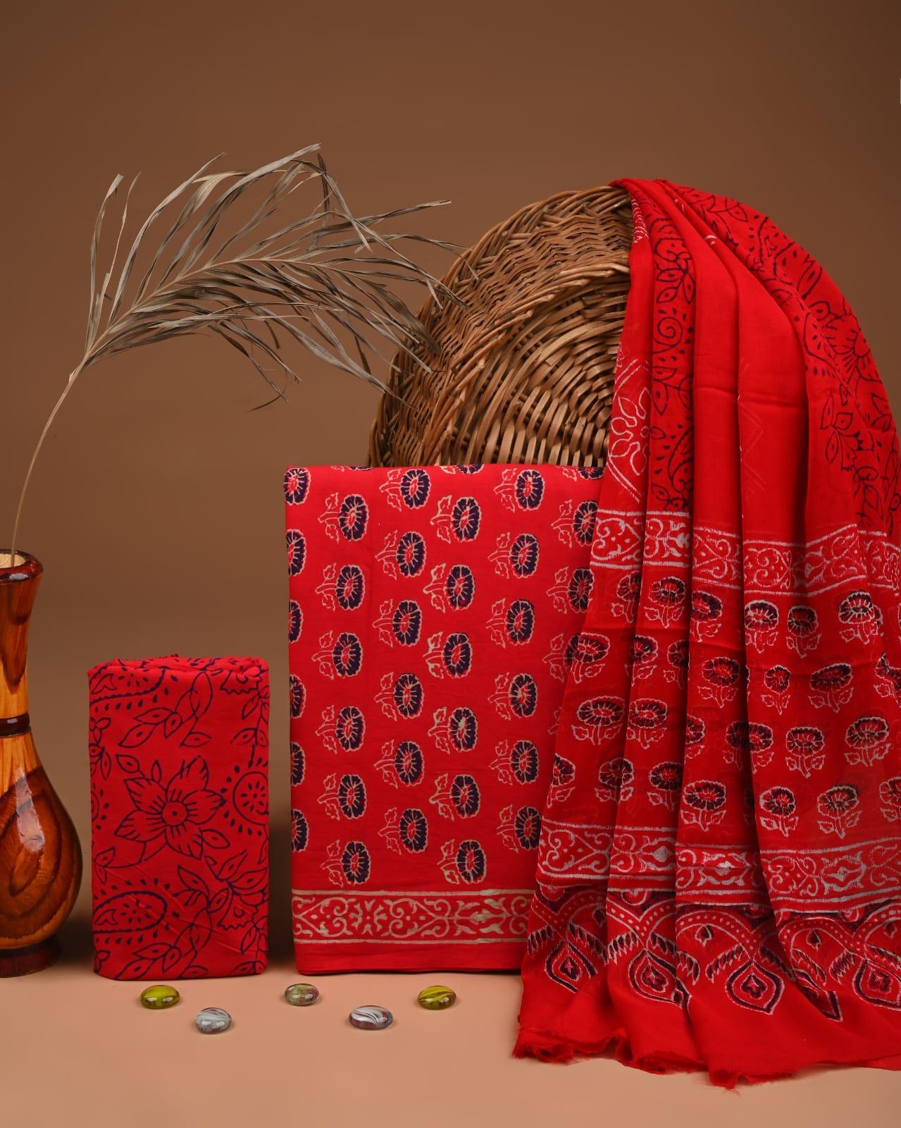 JAAL HAND BLOCK PRINT COTTON SUIT SET WITH CHIFFON DUPATTA(WACFCOTMU86)