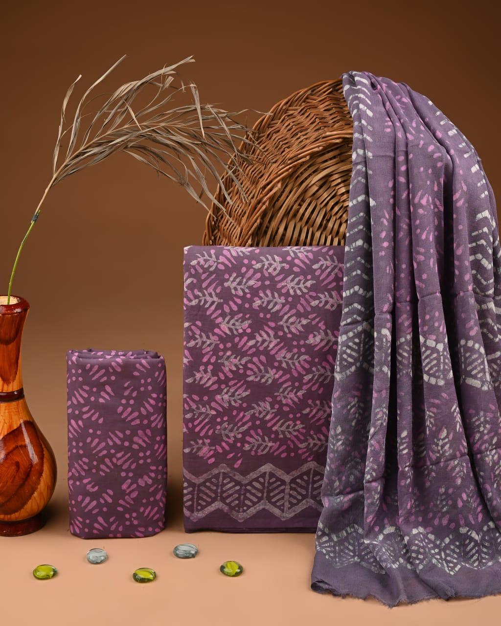 JAAL HAND BLOCK PRINT COTTON SUIT SET WITH CHIFFON DUPATTA(WACFCOTMU84)