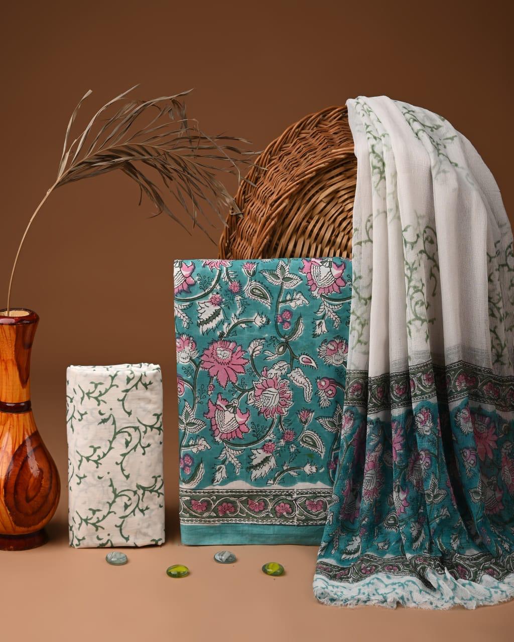 JAAL HAND BLOCK PRINT COTTON SUIT SET WITH CHIFFON DUPATTA(WACFCOTMU79)