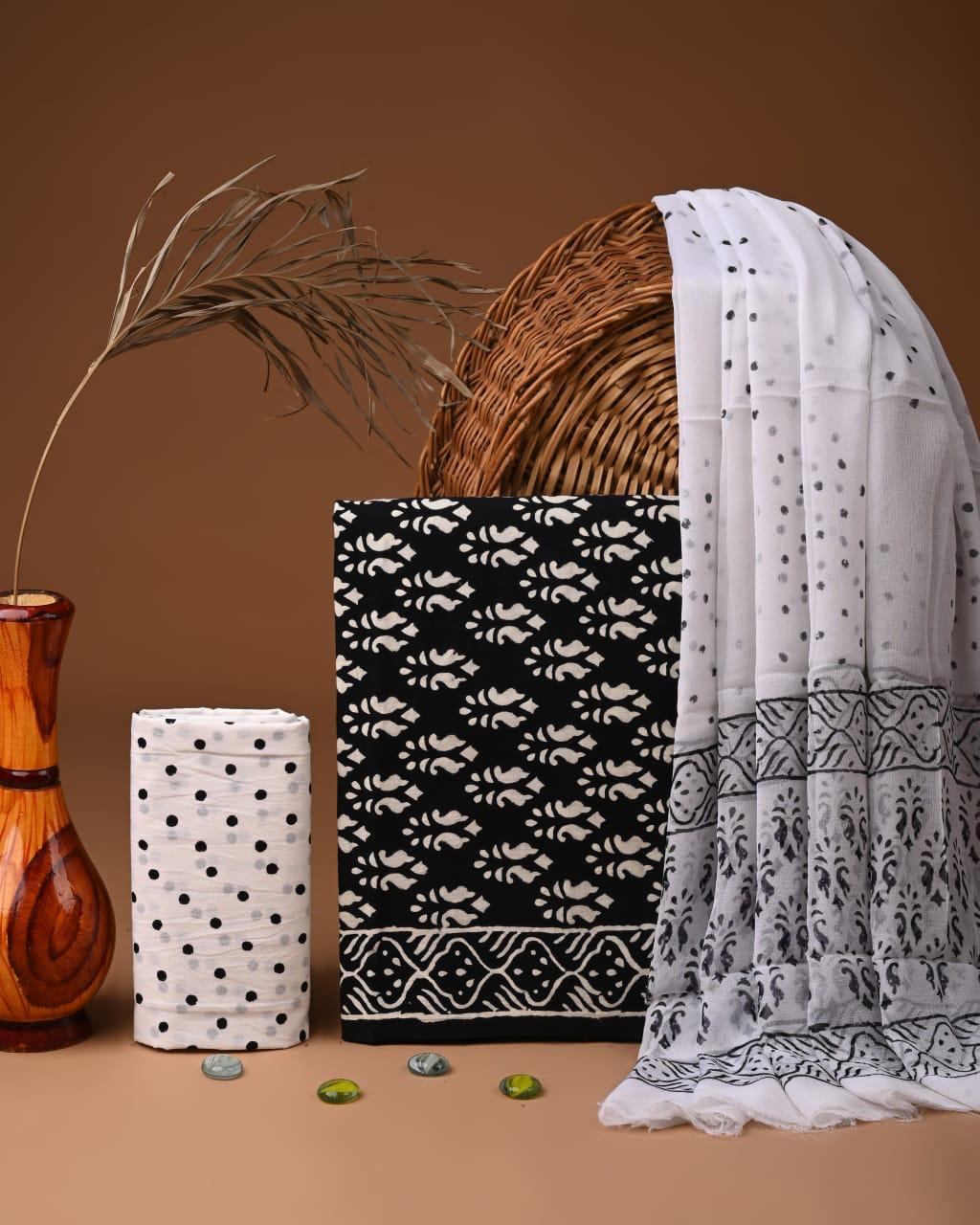 JAAL HAND BLOCK PRINT COTTON SUIT SET WITH CHIFFON DUPATTA(WACFCOTMU78)