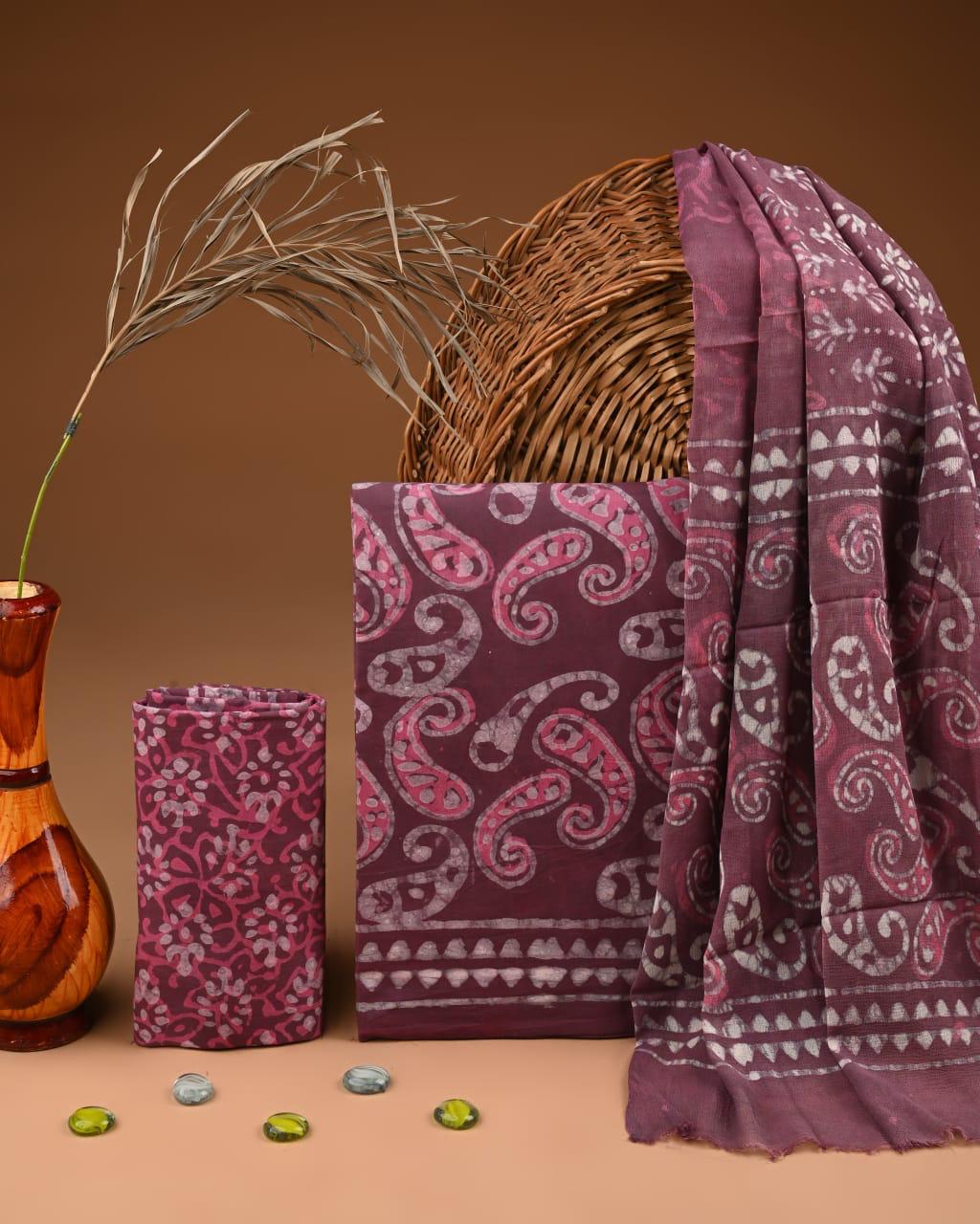 JAAL HAND BLOCK PRINT COTTON SUIT SET WITH CHIFFON DUPATTA(WACFCOTMU134))