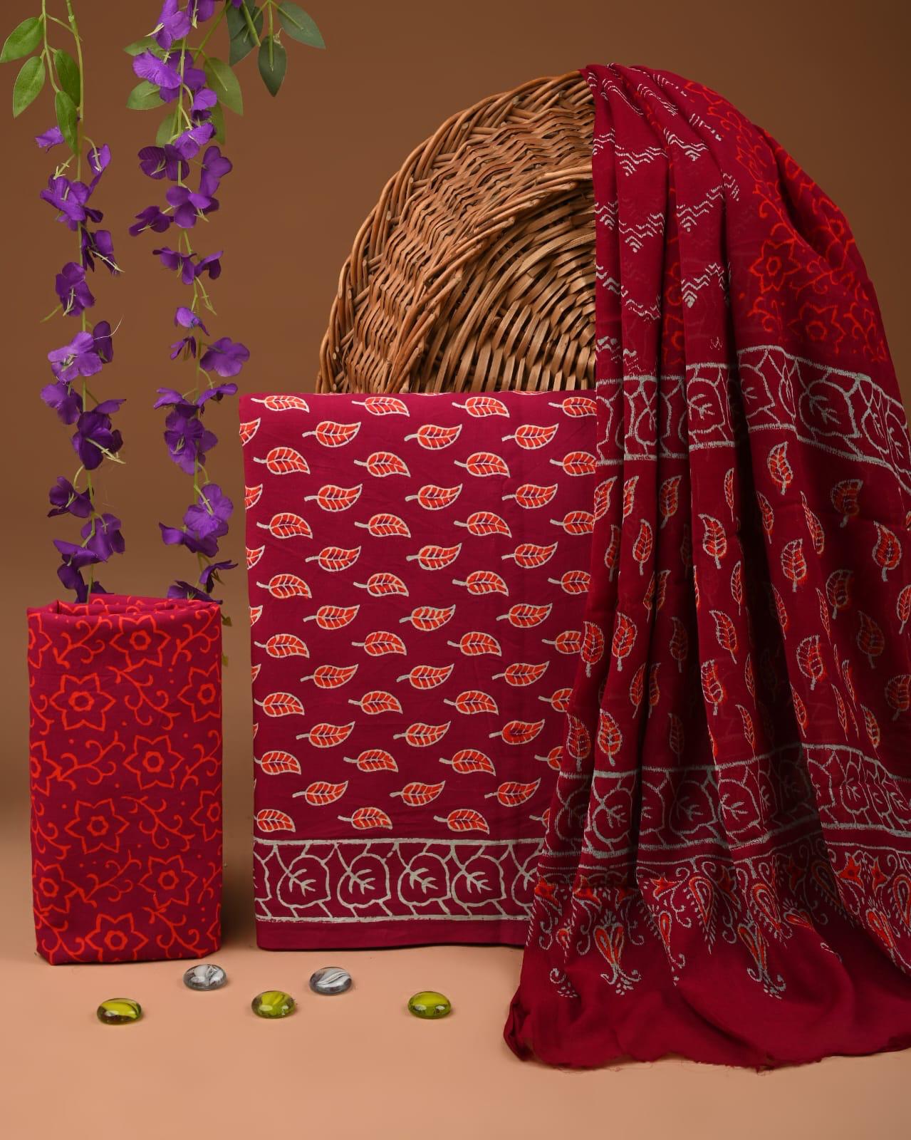 JAAL HAND BLOCK PRINT COTTON SUIT SET WITH CHIFFON DUPATTA(WACFCOTMU132)
