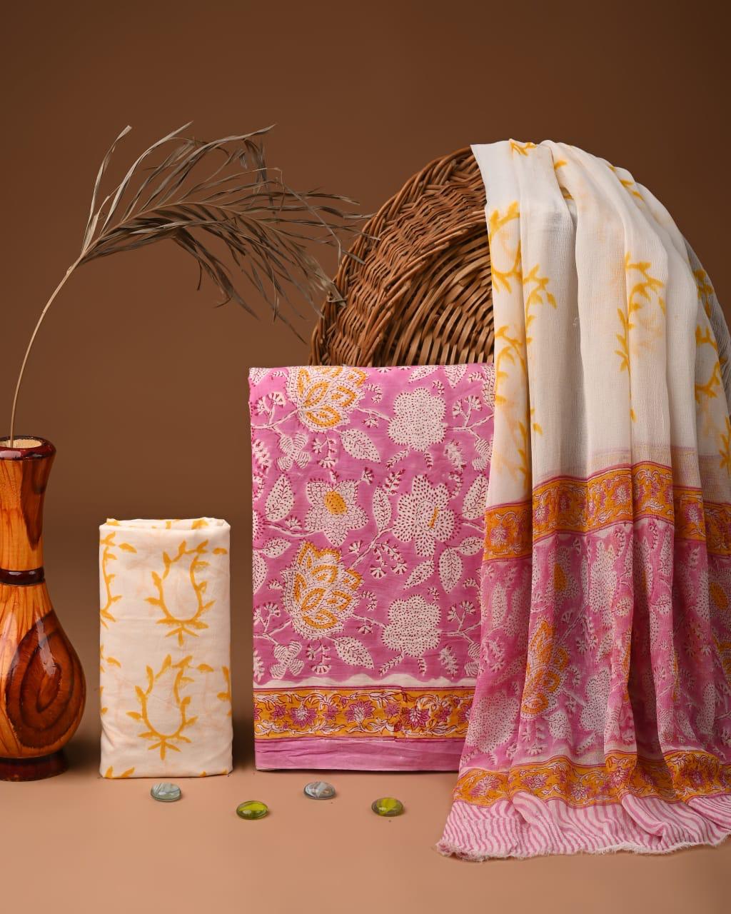 JAAL HAND BLOCK PRINT COTTON SUIT SET WITH CHIFFON DUPATTA(WACFCOTMU123)