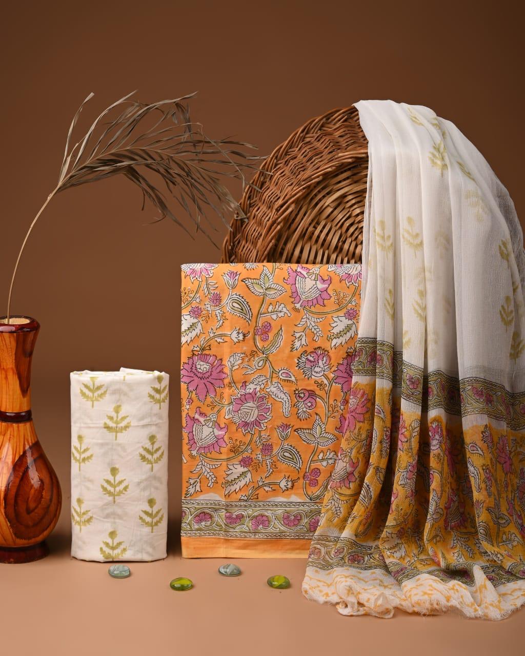 JAAL HAND BLOCK PRINT COTTON SUIT SET WITH CHIFFON DUPATTA(WACFCOTMU121)