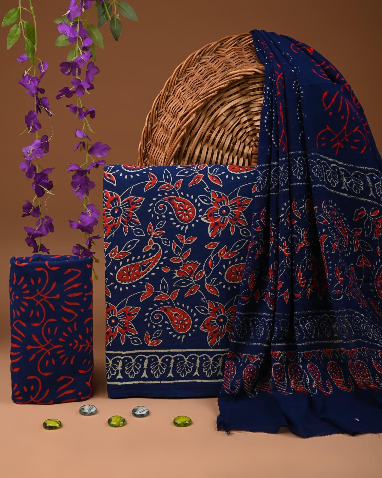 JAAL HAND BLOCK PRINT COTTON SUIT SET WITH CHIFFON DUPATTA(WACFCOTMU111)