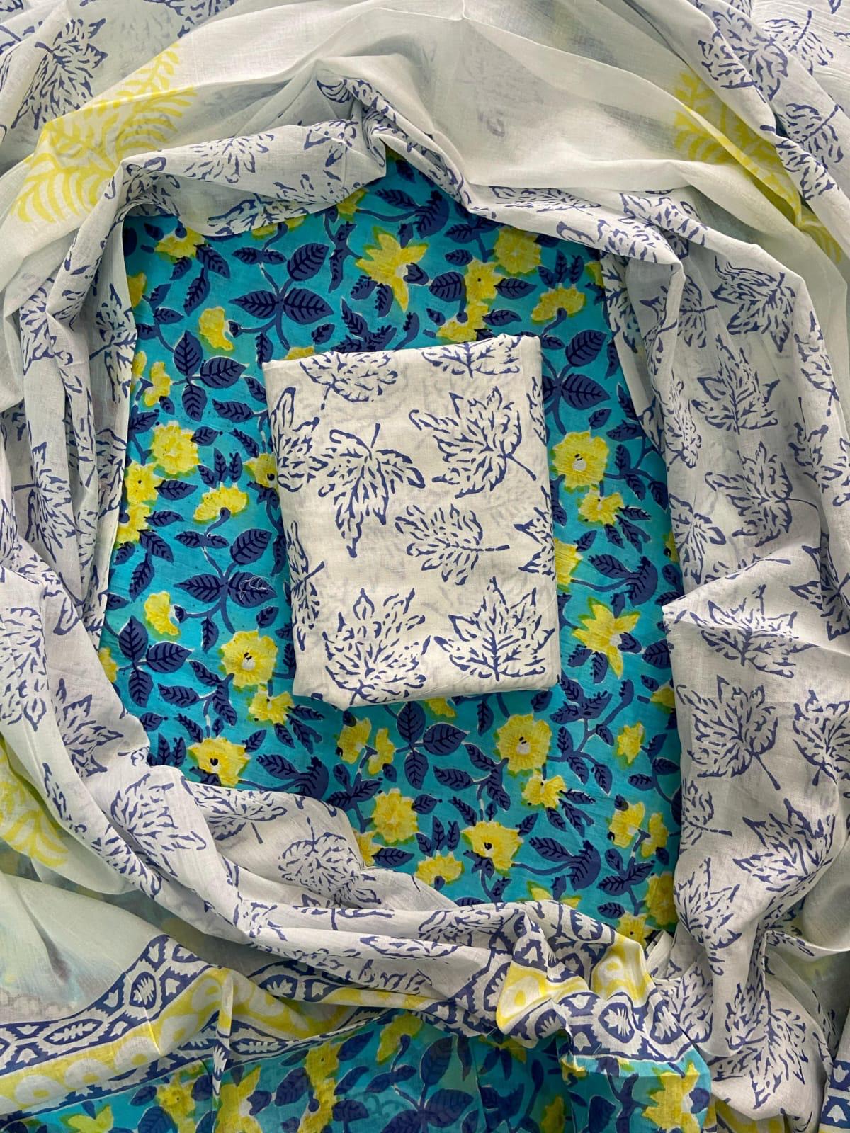 ELEGANT HAND BLOCK PRINT COTTON SUIT SET WITH MULMUL DUPATTA(WACOTMU85)