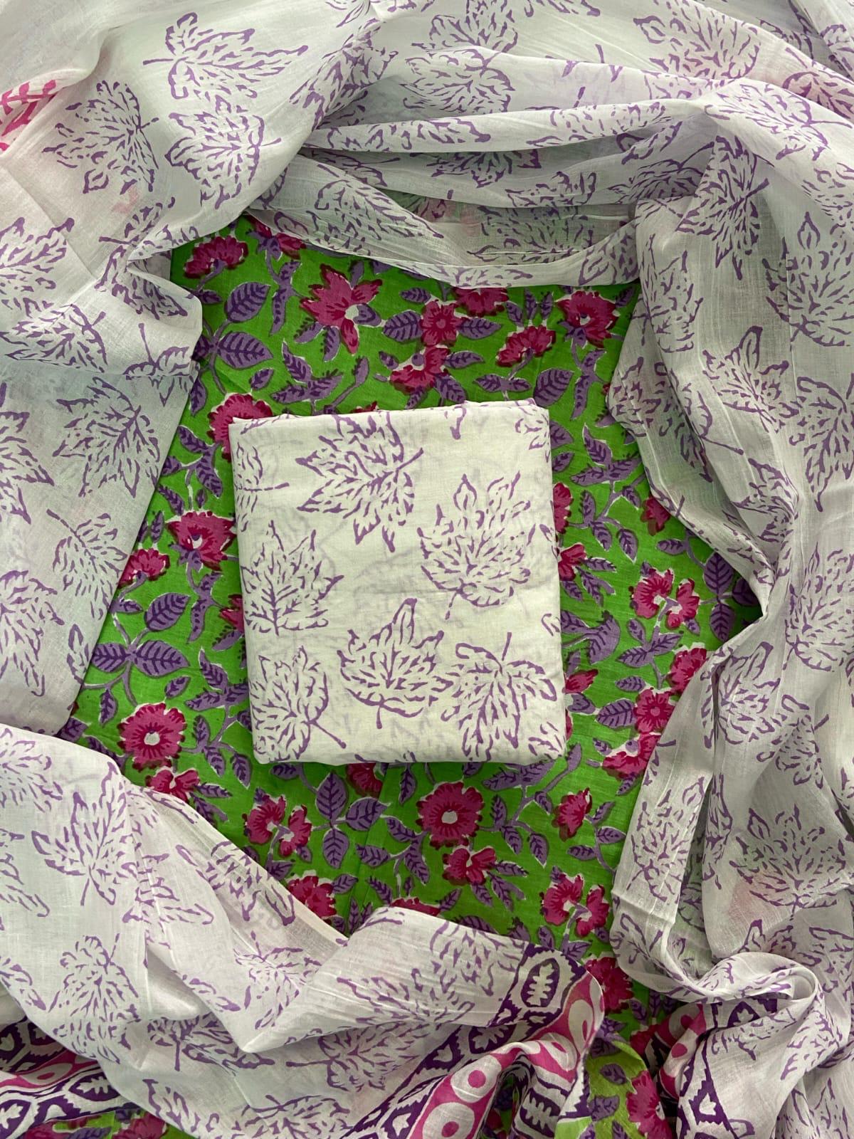 ELEGANT HAND BLOCK PRINT COTTON SUIT SET WITH MULMUL DUPATTA(WACOTMU83)
