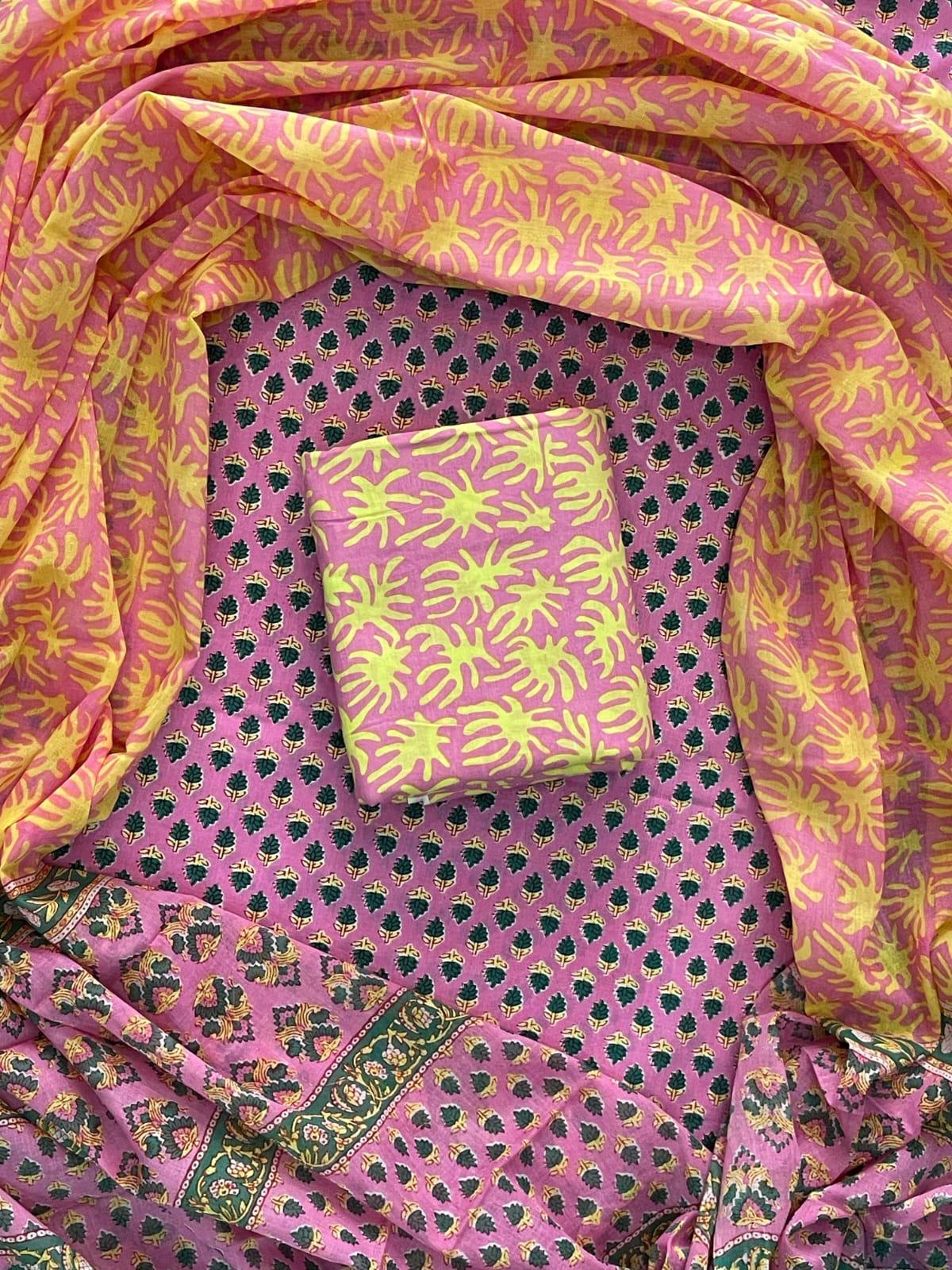Designer Hand Block Print Cotton Suit Set with Mulmul Dupatta(WACOTMU81)