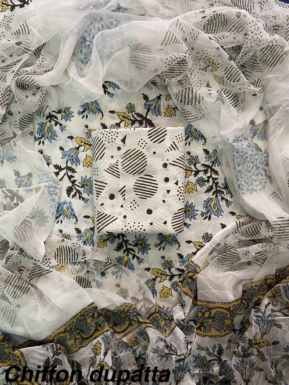 New Premium Hand Block Print Cotton Suit Set with Chiffon Dupatta(WACFCOTMU61)