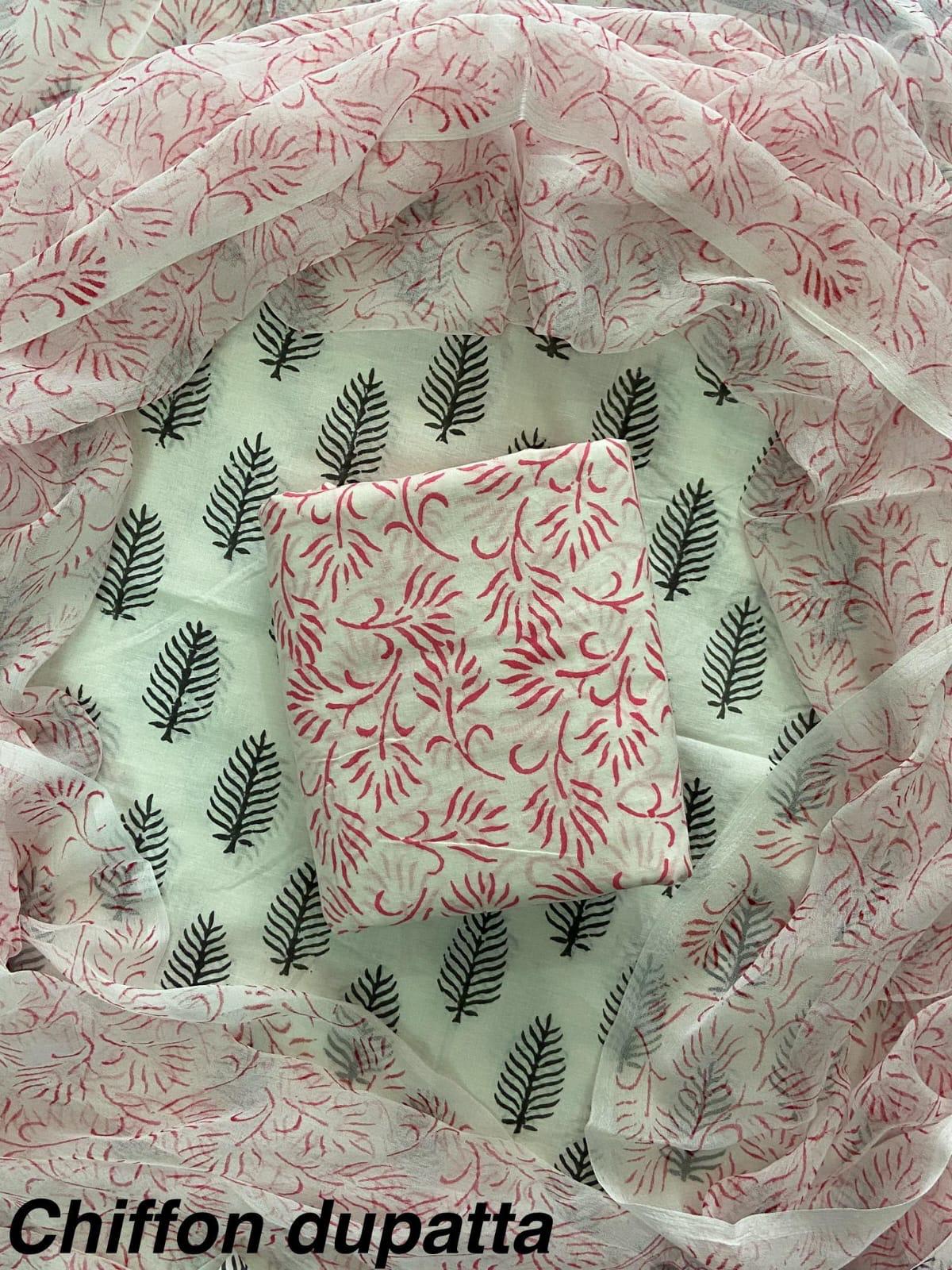 Premium Hand Block Print Cotton Suit Set with Chiffon Dupatta(WACFCOTMU49)