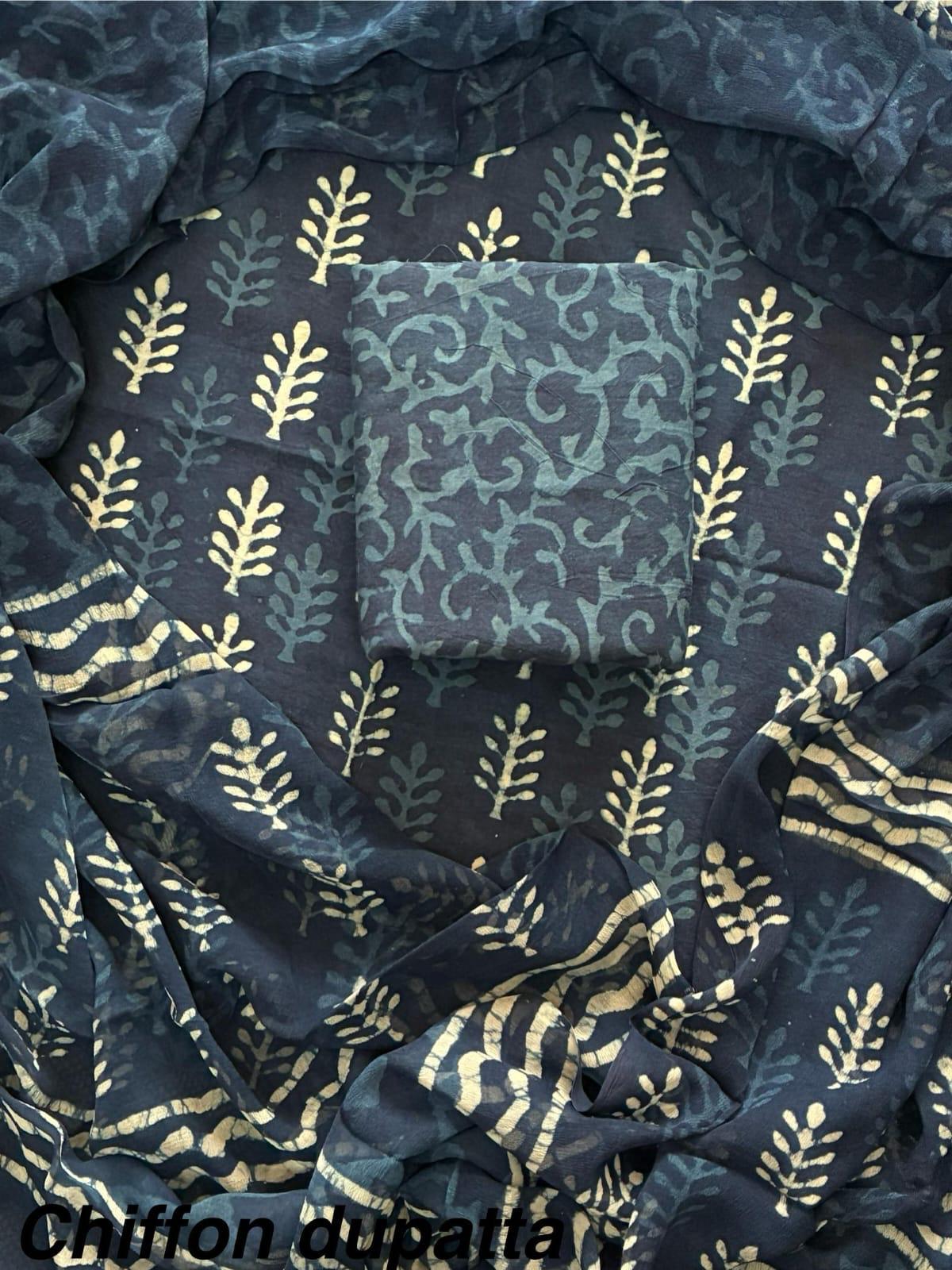 JAAL HAND BLOCK PRINT COTTON SUIT SET WITH CHIFFON DUPATTA(WACFCOTMU36)