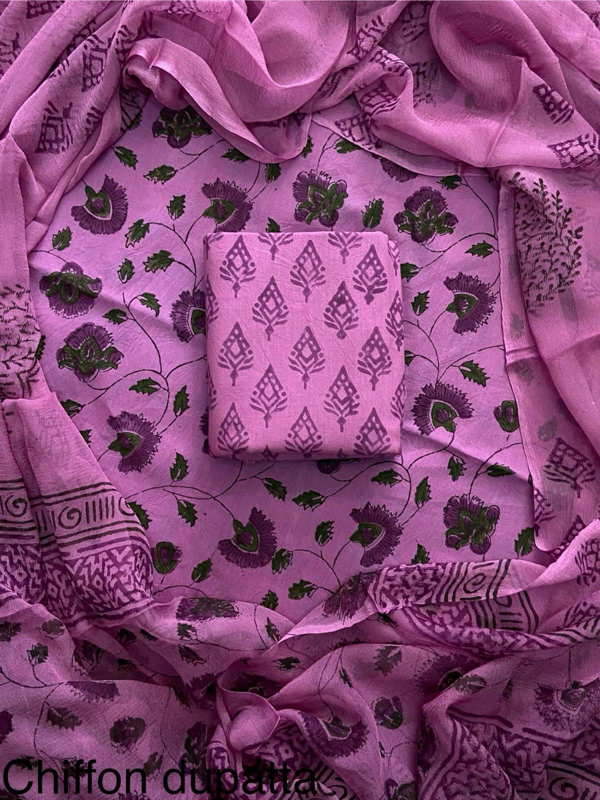New Premium Hand Block Print Cotton Suit Set with Chiffon Dupatta(WACFCOTMU22)
